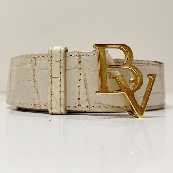 RARE Vintage Bottega Veneta Gold BV Logo Monogram Cream Matte Crocodile Belt S main image 4